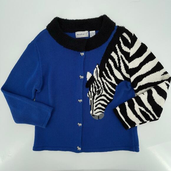Vtg. BellePointe Women's Zebra Cardigan Sweater, Sz. L, Safari Zebra Buttons - Picture 2 of 6